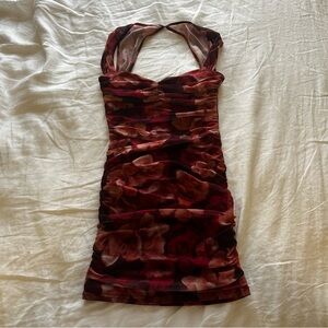 Runaway Floral Burgundy Halter Ruched Mini Dress